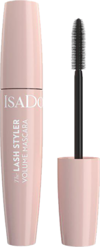 Jasnoróżowa maskara IsaDora Lash Styler Volume w opakowaniu obok czarnej szczoteczki z kolcami.