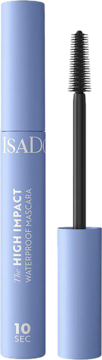 Fioletowa maskara IsaDora 7HR High Impact Waterproof z czarną szczoteczką, widok z przodu obok tuby.