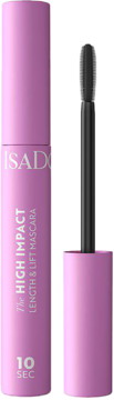 Lawendowa tubka IsaDora 10 SEC High Impact Length Lift Mascara, obok wyjęta czarna szczoteczka. Widok z przodu.