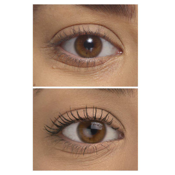 Zdjęcie porównawcze oka przed i po nałożeniu czarnego tuszu IsaDora Hypo-Allergenic Mascara Definition.