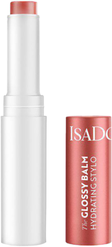 Nawilżający balsam do ust IsaDora Glossy Balm Hydrating Stylo Sweet Peach, otwarta sztyft w białej oprawie, koralowa nakrętka obok.