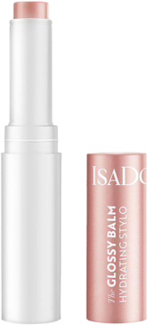 IsaDora Glossy Balm Hydrating Stylo 41 Pink Silk, otwarty balsam w sztyfcie obok różowego opakowania.