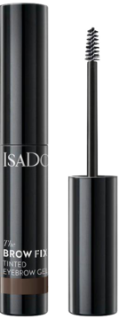 Żel do brwi IsaDora The Brow Fix 53 Medium Brown w czarnej tubce z otwartą szczoteczką, widok z przodu.