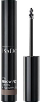 IsaDora The Brow Fix Tinted Eyebrow Gel w czarnej tubce z brązowym dołem, obok szczoteczka.