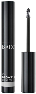 IsaDora The Brow Fix Clear Gel: czarna tubka z przezroczystym spodem, obok wyjęty aplikator-szczoteczka.