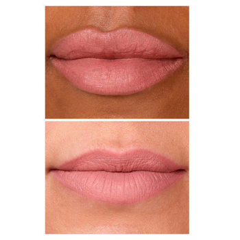 IsaDora Velvet Comfort nr 50 Nude Blush: zbliżenie ust z półmatową pomadką w odcieniu nude blush, na dwóch karnacjach.