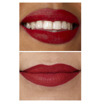 Zbliżenie ust z czerwoną, półmatową pomadką IsaDora Velvet Comfort Ravish Red w dwóch pozach.