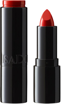 Pomadka IsaDora Perfect Moisture 215 Classic Red w czarnym opakowaniu, otwarta z kremowym sztyftem i zamknięta.