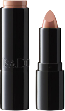Nawilżająca pomadka IsaDora Perfect Moisture Lipstick 225 Rose Beige. Dwa czarne opakowania, jedno otwarte, drugie zamknięte.