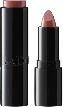 Nawilżająca pomadka IsaDora Perfect Moisture Lipstick Velvet Nude, obok otwarta z kremowym sztyftem.