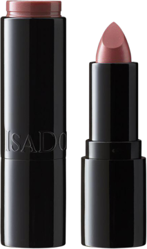 Dwa sztyfty IsaDora Perfect Moisture Lipstick 152 Marvelous Mauve. Jedna otwarta, ujawniająca kremową, różowo-mauve pomadkę.