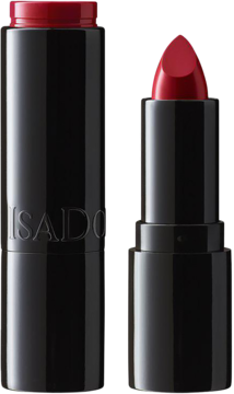 Dwie czarne pomadki IsaDora Perfect Moisture Lipstick. Jedna zamknięta, druga z otwartym czerwonym sztyftem.