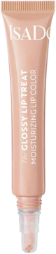IsaDora Glossy Lip Treat 57 Cream Rose, nawilżający błyszczyk w beżowej tubce, widok z przodu, otwarty.
