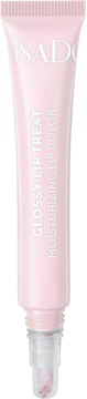 Różowy błyszczyk IsaDora Glossy Lip Treat w tubce, nawilżający, z przezroczystym aplikatorem, widok z przodu.