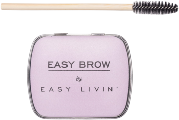 Mydełko do brwi Easy Brow w liliowym metalowym pudełku, obok widoczna bambusowa szczoteczka.