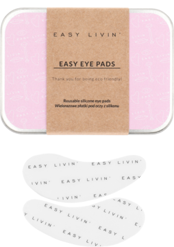 Różowe, metalowe pudełko na Easy Livin' Easy Eye Pads, poniżej dwa przezroczyste, wielorazowe płatki silikonowe.