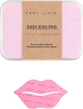 Easy Livin' Easy Kiss Pad, różowy silikonowy pad na usta w metalowym pudełku, z padem poniżej.