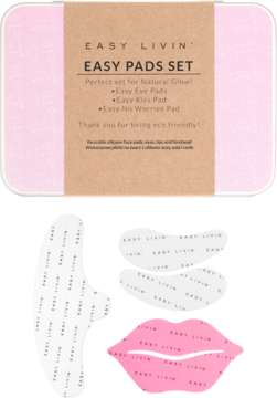 Easy Pads Set, reusable silicone pads in pink tin. Includes eye, lip, and forehead pads for facial skincare.