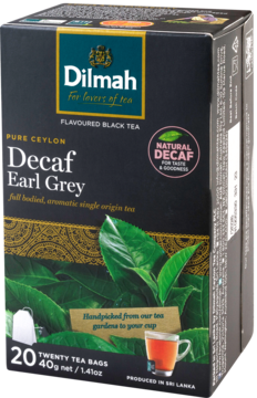 Opakowanie herbaty Dilmah Decaf Earl Grey, czarna herbata Pure Ceylon, 20 torebek, widok z przodu.