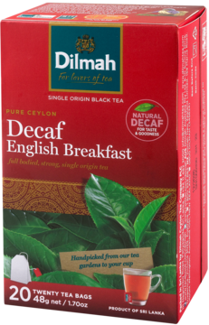 Czerwone opakowanie herbaty Dilmah Decaf English Breakfast, 20 torebek, z grafiką liści i kubkiem, widok z przodu.