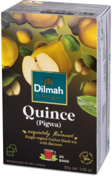 Dilmah Quince Ceylon czarna herbata w czarnym pudełku z ilustracjami żółtych owoców pigwy, widok z przodu.