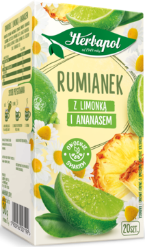 Pudełko herbaty Herbapol Rumianek z limonką i ananasem, widok przód-bok, biało-zielone z owocami i kwiatami.