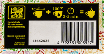 Tył opakowania herbaty Sir Adalbert's Tea, biała z mango i pomarańczą. Instrukcje parzenia, kod kreskowy.