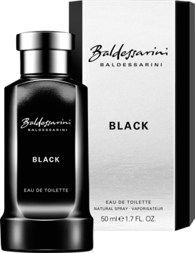 Baldessarini Black, męska woda toaletowa, czarny flakon i białe opakowanie 50ml, widok z przodu.