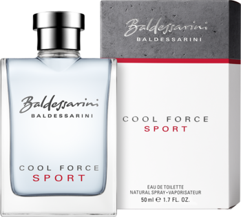 Baldessarini Cool Force Sport EDT, butelka z przezroczystego szkła ze srebrną zakrętką, przed szaro-białym pudełkiem.