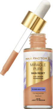 Max Factor Miracle Pure Skin Reset foundation in a glass bottle with extended dropper, light-medium shade, front view.