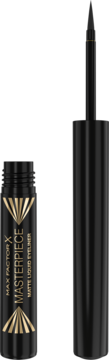 Max Factor Masterpiece Matowy Eyeliner w Płynie. Otwarty, czarna butelka ze złotym logo, widoczny aplikator.