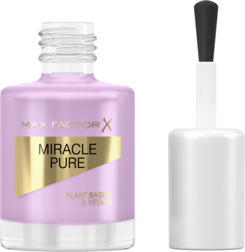 Max Factor Miracle Pure wegański lakier do paznokci, jasnofioletowa butelka z pędzlem obok. Widok z przodu.