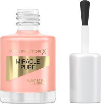 Max Factor Miracle Pure lakier wegański, jasny brzoskwiniowy, w otwartej butelce z widocznym pędzelkiem.