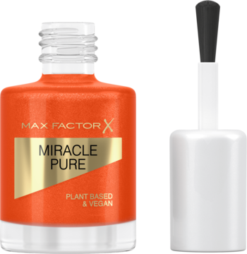 Lakier Max Factor Miracle Pure, pomarańczowy, wegański. Otwarta butelka z pędzelkiem obok.