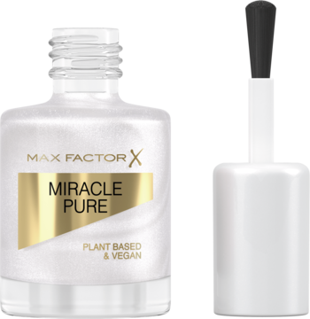 Otwarta butelka Max Factor Miracle Pure, biały wegański lakier do paznokci z pędzelkiem, złota etykieta.