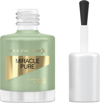 Zielony lakier Max Factor Miracle Pure Nail wegański, z błyszczącym wykończeniem, otwarta butelka z pędzelkiem obok.