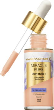 Max Factor Miracle Pure 2w1 podkład-serum 10-30 Fair w szklanej butelce z otwartym złotym zakraplaczem, widok z przodu.