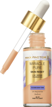 Max Factor Miracle Pure Skin Reset, podkład serum 2w1, beżowa butelka z zakraplaczem, Fair to Light.
