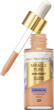 Max Factor Miracle Pure 2w1 serum foundation z niacynamidem, jasny odcień, szklana butelka z aplikatorem, widok z przodu.