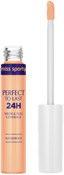 Korektor Miss Sporty Perfect to Last 24H, brzoskwiniowy, butelka z wyciągniętym aplikatorem, widok z przodu.