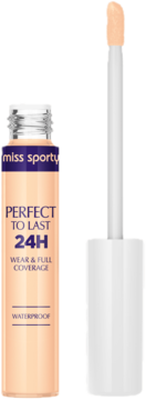 Korektor Miss Sporty Perfect to Last 24h w beżowej butelce z widocznym aplikatorem i napisem Waterproof.