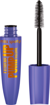 Fioletowa maskara Miss Sporty Pump Up Volume Extreme z otwartym aplikatorem i czarną szczoteczką z gęstym włosiem, widok z przodu.