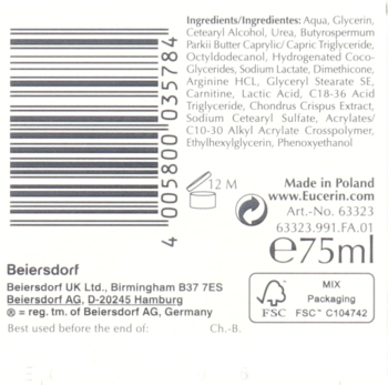 Tył białego kremu do ciała Eucerin UreaRepair z 5% mocznikiem, widoczna lista składników i objętość 75ml.