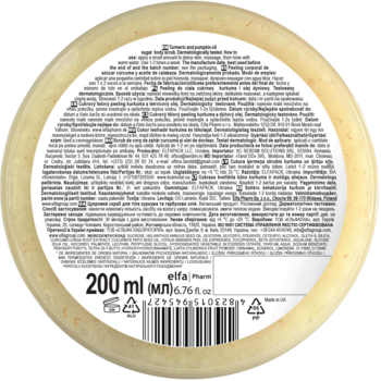 Tył jasnego, okrągłego opakowania peelingu cukrowego Green Pharmacy kurkuma 200 ml, z napisami i kodem kreskowym.