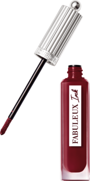 Ciemnoczerwona szminka w płynie Bourjois Fabuleux Ink, otwarta butelka z precyzyjnym aplikatorem.