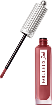 Płynna szminka Bourjois Fabuleux Ink w butelce z srebrną zakrętką, wysunięty aplikator z różem.