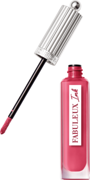 Bourjois Fabuleux Ink szminka w płynie o połysku, różowa butelka z wyjętym srebrnym aplikatorem.