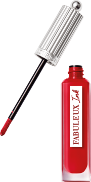 Czerwona szminka w płynie Bourjois Fabuleux Ink o lśniącym wykończeniu, z precyzyjnym aplikatorem.