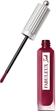 Bordowa szminka Bourjois Fabuleux Ink w płynie, otwarta butelka i precyzyjny aplikator z produktem.
