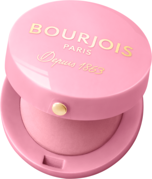 Róż Bourjois Little Round Pot, kultowy różany puder w różowym, okrągłym opakowaniu, lekko otwarty, widok z góry.